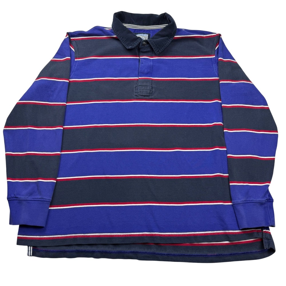 VTG Lands End Mens XXL Striped Rugby Shirt Navy Red Corduroy Collar Long Sleeve